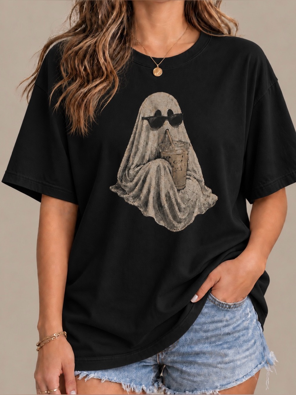 Iced Coffee Ghost Sunglasses Spooky Fall Aesthetic Statement Womens Graphic Tee